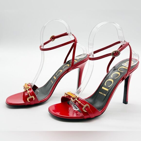 Gucci Moorea Horsebit Hibiscus Red Patent Leather Heeled Ankle Wrap Sandals EU38 - Picture 3 of 11